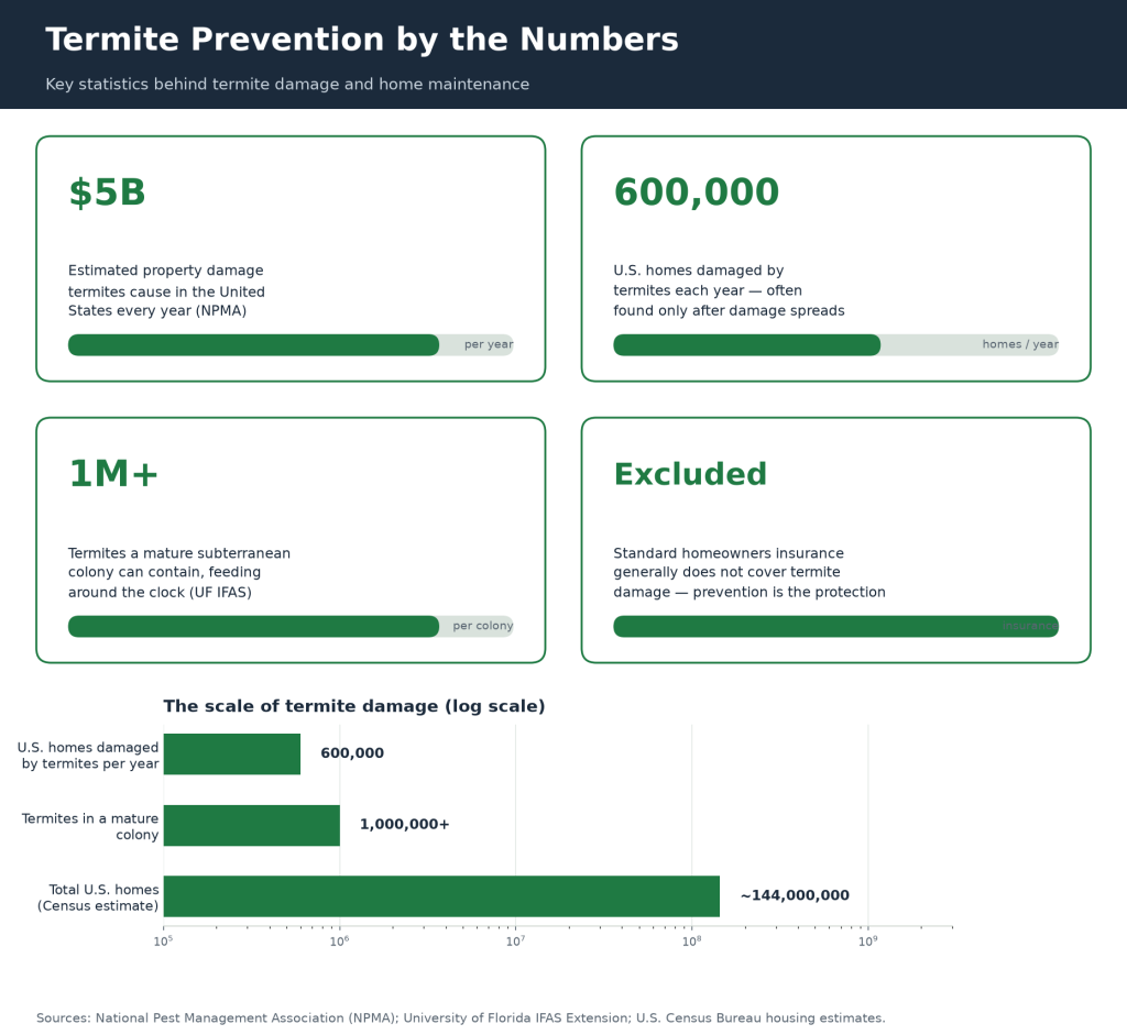 Termite Prevention by the Numbers: chart of annual U.S. termite property damage, homes damaged each year, termite colony size, and homeowners insurance exclusion