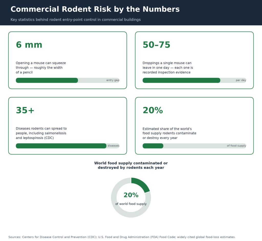 Commercial Rodent Risk by the Numbers: chart of rodent entry gap size, droppings per day, diseases rodents spread, and the share of the world food supply rodents destroy
